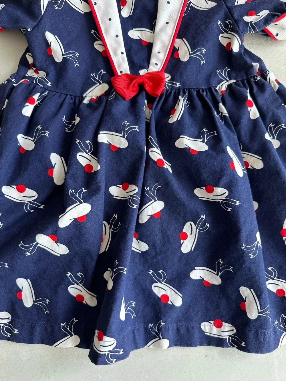 Vintage OshKosh Sailor Beret Hat Girls Dress 3T USA Red White Blue Cotton Bow